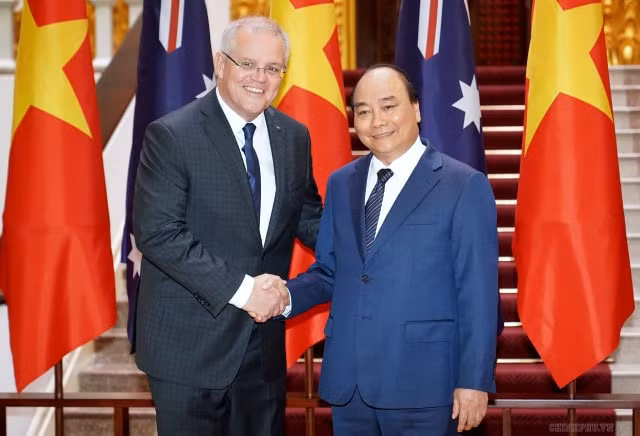 Thủ tướng Nguyễn Xuân Phúc và Thủ tướng Australia Scott Morrison tại Trụ sở Chính phủ. (Ảnh: Như Ý)