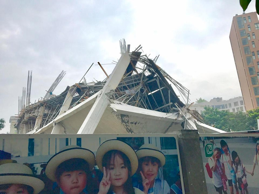 Hiện trường công trình trường mầm non Vường Xanh bị đổ sập (ảnh H.H)