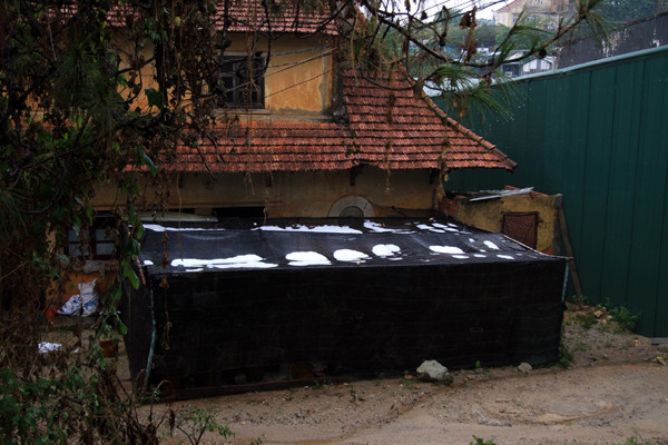 Hạt mưa đá tụ lại trên mái nhà lưới trồng hoa.