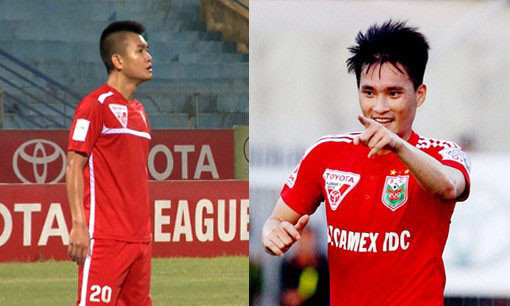 Công Vinh "nhận vơ" bàn thắng của Ngọc Thịnh (trái) ở trận B.Bình Dương-Hải Phòng.