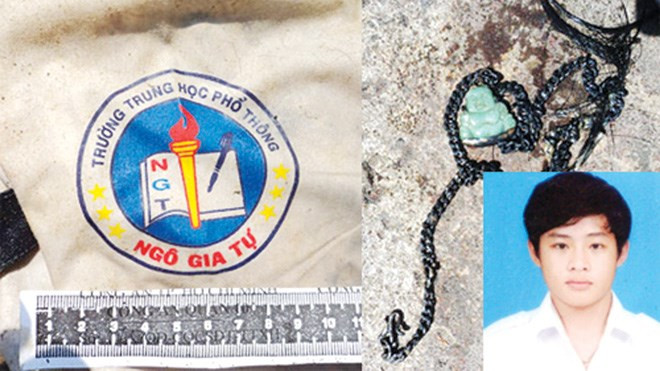 Chiếc áo học sinh và sợi dây chuyền giúp gia đình nhận dạng thi thể Đạt. Ảnh: Gia đình nạn nhân cung cấp.