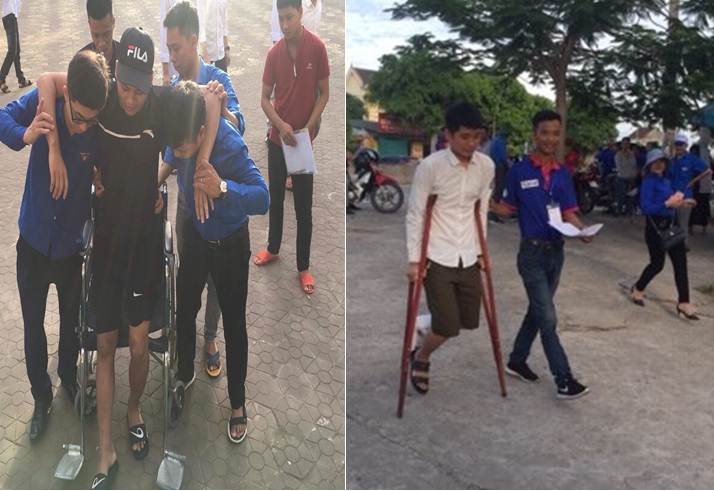 Nam sinh ngồi xe lăn, chống gậy tham gia kỳ thi THPT quốc gia