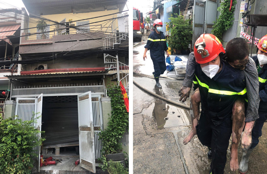 Lính cứu hỏa giải cứu, đưa nạn nhân đi bệnh viện cấp cứu.