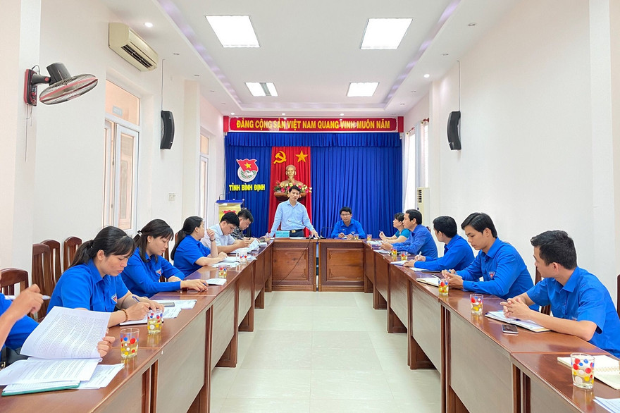 Bí thư T.Ư Đoàn Nguyễn Ngọc Lương và các đại biểu tham dự buổi làm việc, sáng 12/5