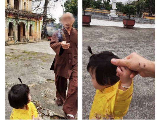 Hình ảnh đại đức Thích Bản Phúc cầm nhang trao đổi với mẹ con chị Yến trong chùa Hưng Khánh ngày 13/3. 