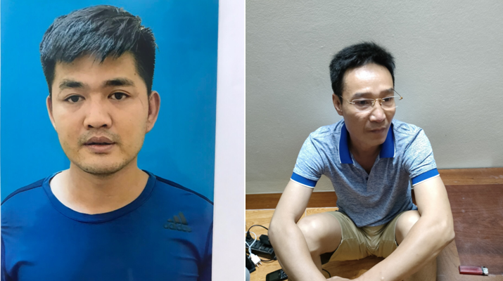Trần Thái Bảo (phải ảnh) và Phạm Khương Duy tại cơ quan công an.