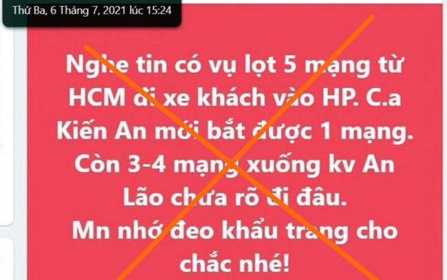 Thông tin sai sự thật đăng tải trên một fanpage về tình hình dịch bệnh ở TP Hải Phòng.
