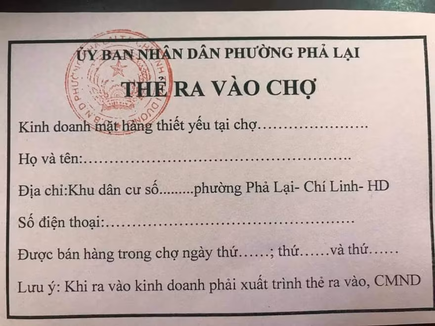 Thẻ ra vào chợ dành cho hộ kinh doanh tại phường Phả Lại, TP Chí Linh.