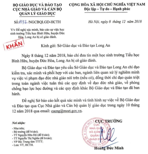 Bộ GD&ĐT yêu cầu làm rõ cô giáo đánh bầm hông học sinh ở Long An