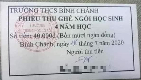 Phiếu thu ghế ngồi học sinh 4 năm học của Trường THCS Bình Chánh gây xôn xao dư luận (ảnh internet)