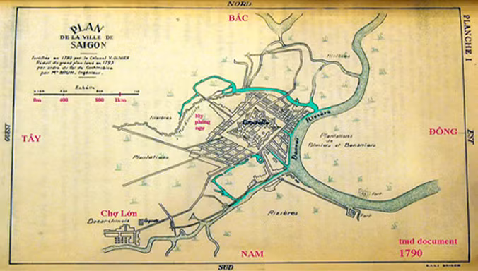 Bản đồ Sài Gòn năm 1790 do người Pháp vẽ, ở chính giữa là thành Bát Quái do vua Gia Long cho xây dựng. Ảnh tư liệu