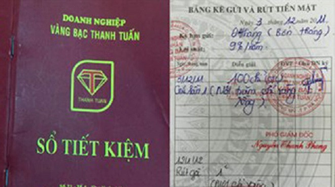Sổ tiết kiệm do doanh nghiệp vàng bạc Thanh Tuấn phát hành. Ảnh: Trung Hà.