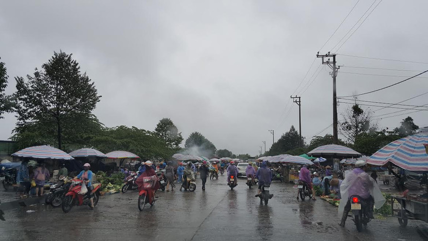 Chợ vẫn họp và đông người mua bán.