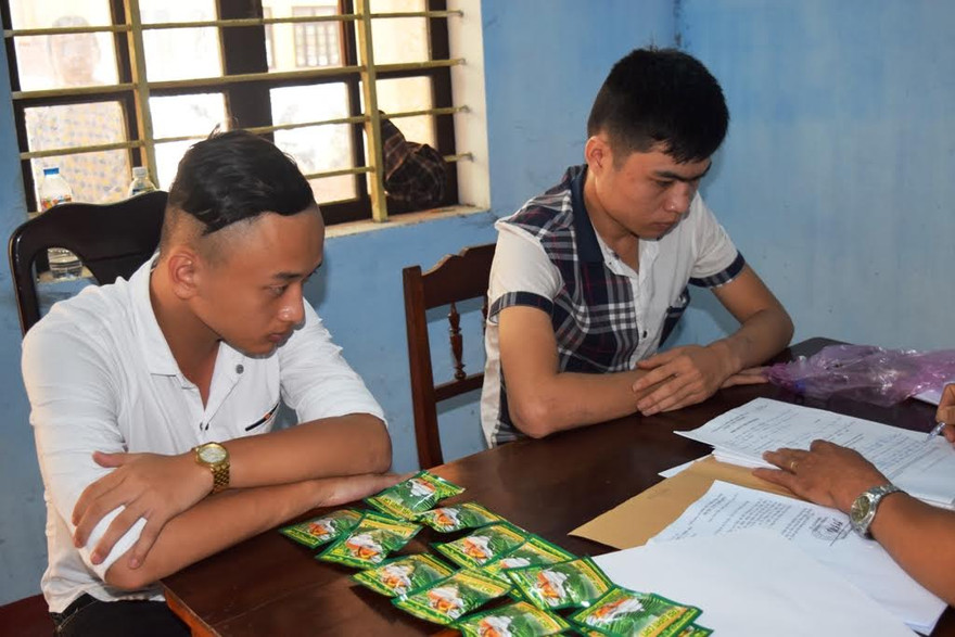 Hai đối tượng vừa bị công an bắt giữ trong một đường dây mua bán, tàng trữ “cỏ Mỹ”.