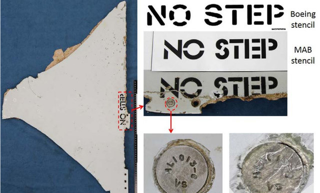 Mảnh vỡ máy bay có chữ NO STEP thuộc phần cánh ổn định ngang nằm ở đuôi máy bay (Ảnh: ATSB)