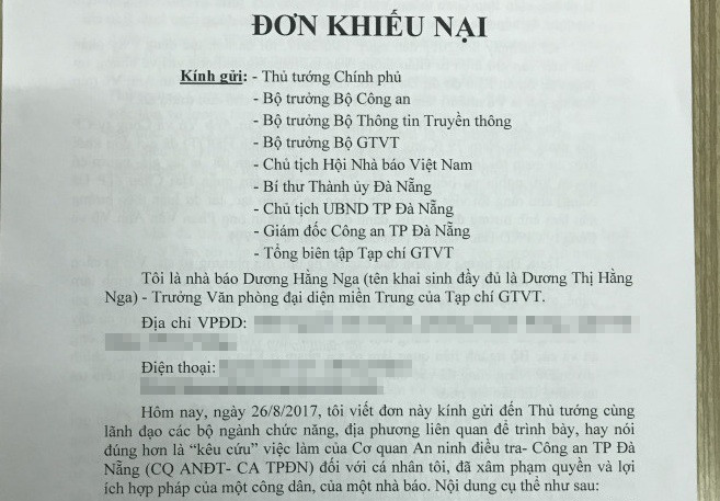 Đơn khiếu nại của bà Dương Hằng Nga.