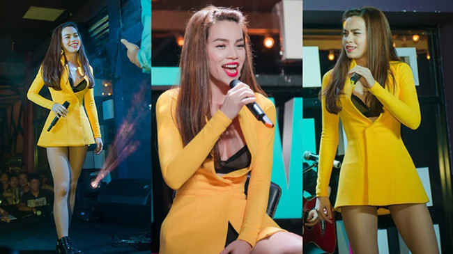 Trong một sự kiện giữa tháng 8 ở thủ đô, Hồ Ngọc Hà xuất hiện với chiếc váy đóng cúc có phần cổ được khoét sâu vừa đủ để khoe nội y.