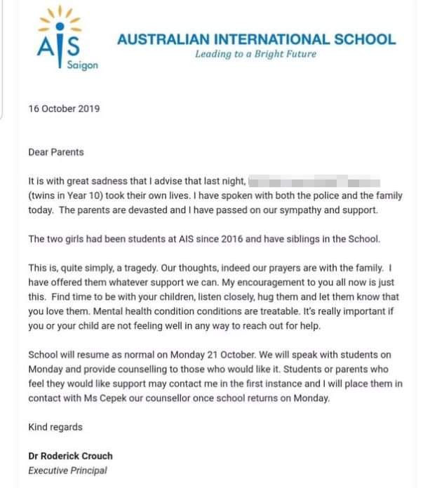 Thông báo về chị em sinh đôi tự tử của trường Quốc tế Australia (AIS)