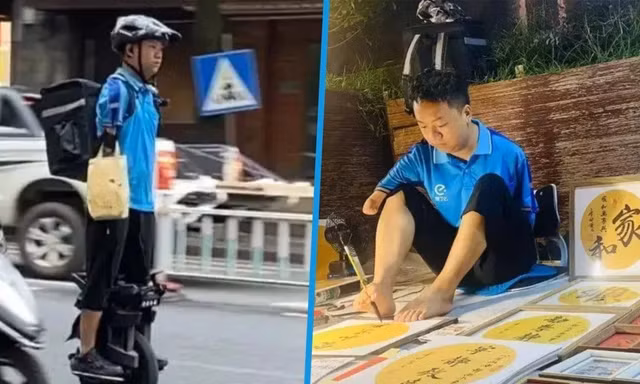 Li Xiangyang bận rộn với công việc giao đồ ăn và viết thư pháp ở các địa điểm du lịch.