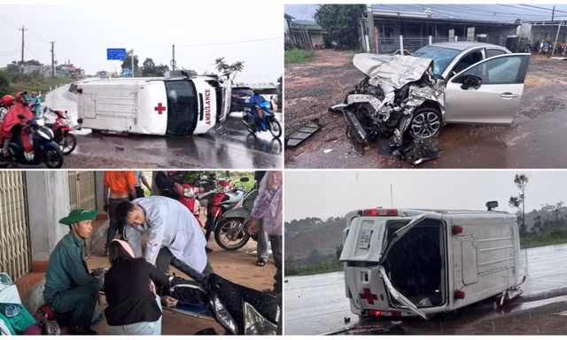 Nhiều người bị thương sau vụ xe cứu thương quay vòng, lật nghiêng khi va với ô tô con