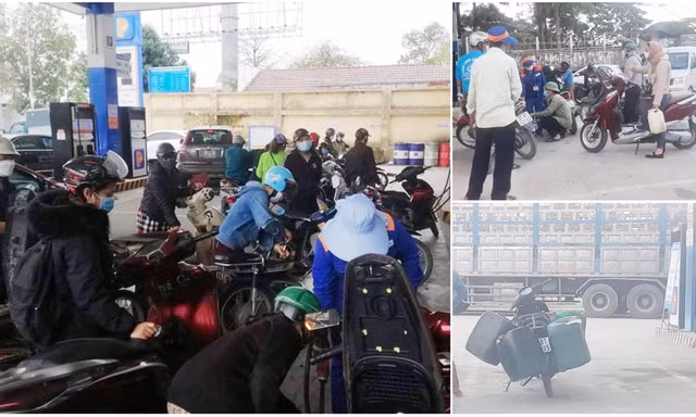 Người dân xếp hàng dài, mang thêm bình nhựa mua xăng trước giờ tăng giá