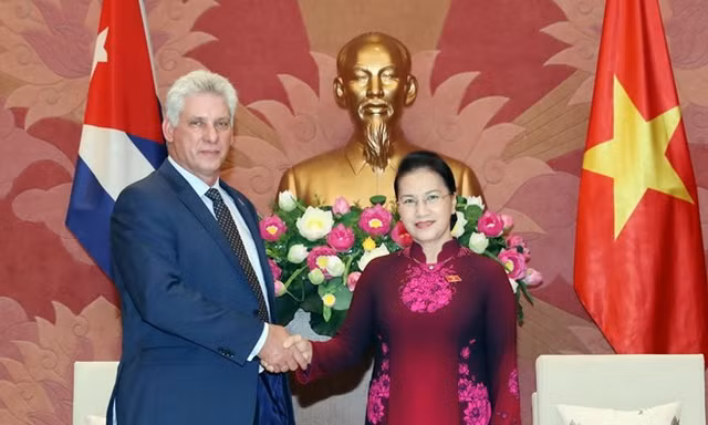 Chủ tịch Quốc hội Nguyễn Thị Kim Ngân hội kiến Chủ tịch Hội đồng Nhà nước và Hội đồng Bộ trưởng Cộng hòa Cuba Miguel Mario Díaz-Canel Bermúdez. (Ảnh: Trọng Đức/TTXVN)