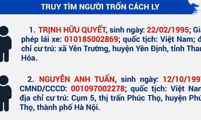 Sở Y tế tỉnh Tây Ninh tìm 2 thanh niên trốn cách ly tập trung.