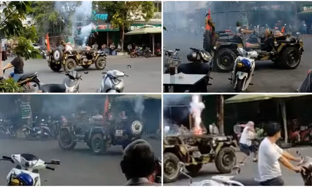  Người đàn ông chạy xe Jeep đốt pháo sáng, múa côn náo loạn trung tâm thương mại