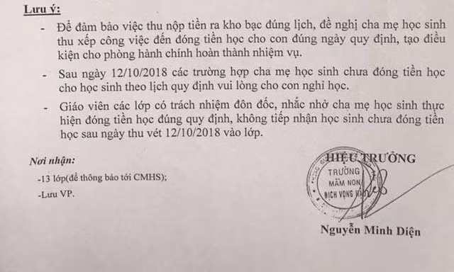 Thông báo cho trẻ nghỉ học nếu chậm đóng tiền: Mệnh lệnh hạ sách