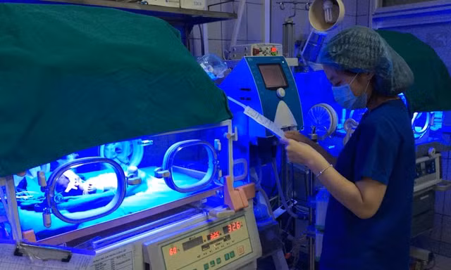 Chiếu đèn điều trị cho trẻ vàng da sơ sinh tại Khoa Nhi, Bệnh viện Bạch Mai.
