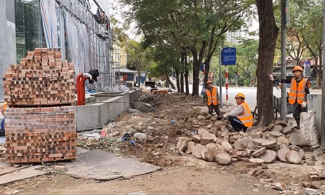 Công trình cải tạo vỉa hè trên phố Trần Thủ Độ đã bị đình chỉ thi công.
