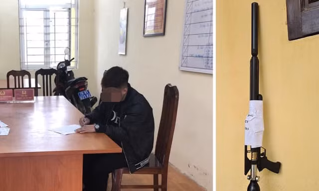 N. làm việc tại cơ quan công an và khẩu súng hơi. Ảnh Công an cung cấp.