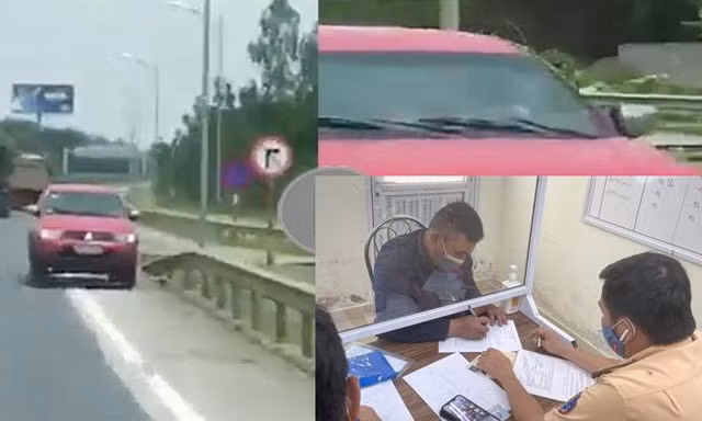 Chiếc xe ô tô đi ngược chiều và nam tài xế làm việc với CSGT.