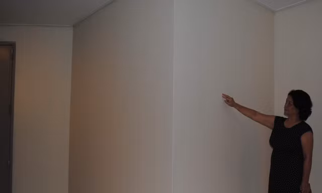 Bà Bùi Thị Bảo Quyên chỉ vào hộp kỹ thuật nằm ngoài hành lang chung cư mà bà phải trả tiền mua vô lí. 