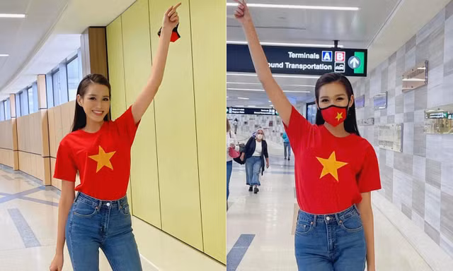 Đỗ Thị Hà diện áo cờ đỏ sao vàng nổi bật ở sân bay Mỹ, chuẩn bị nhập cuộc tại Miss World 
