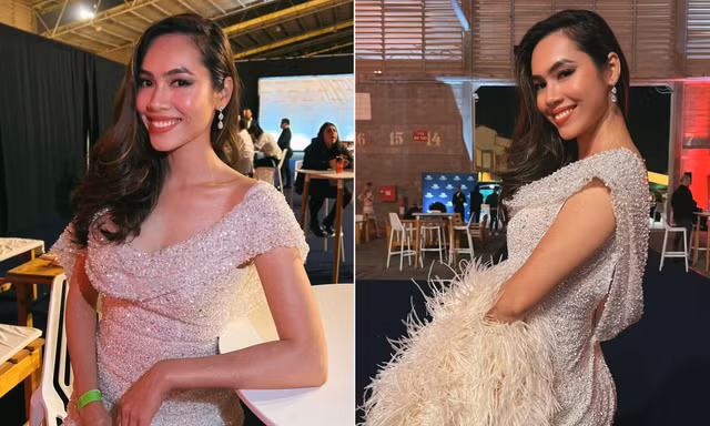 Á hậu Hoàng My diện váy lông vũ nóng bỏng đi xem Kim Duyên diễn bán kết Miss Universe 