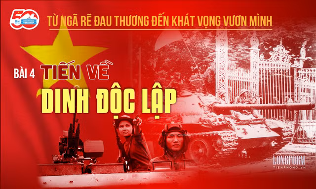  Xe tăng 390 tại Dinh Độc Lập ngày 30/4/1975, lái xe Nguyễn Văn Tập ngồi phía trước nhô đầu khỏi xe, pháo thủ Ngô Sỹ Nguyên nhô người trên tháp pháo xe tăng Ảnh: FRANCOISE DEMULDER 