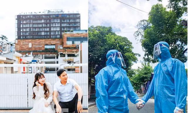 Hai vợ chồng Trân Trân - Công Anh cùng nhau trong bộ đồ chống dịch 