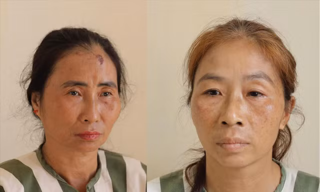 Mai Thị Nhớ (trái) và Mai Thị Tuyền tại Cơ quan điều tra. Ảnh: CA