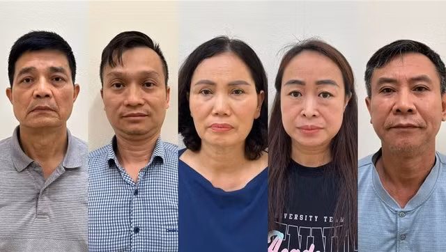 Các đối tượng Nguyễn Thanh Phong, Đinh Quang Minh, Nguyễn Thị Minh Hải, Lê Thị Hiên, Cao Văn Trung (theo thứ tự từ trái qua) Ảnh: Bộ Công an cung cấp