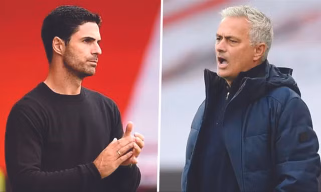 Derby London nóng trên băng ghế huấn luyện giữa HLV Arteta (trái) và HLV Mourinho 