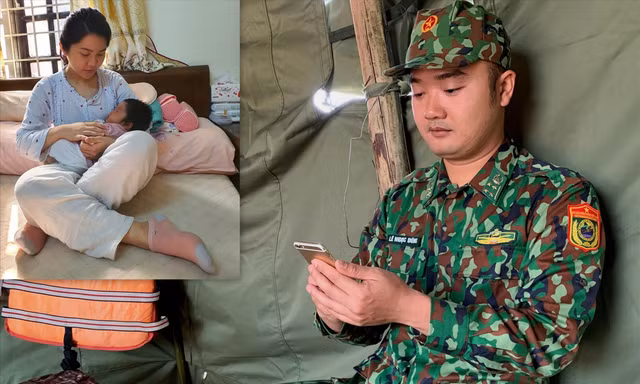 Đại úy Lê Ngọc Dũng trò chuyện với vợ con (ảnh nhỏ) qua điện thoại từ chốt chống dịch
