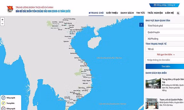 Giao diện “Bản đồ các điểm tiêm chủng vắc xin COVID-19 toàn quốc”. Hoạt động tại địa chỉ bandotiemchung.doanthanhnien.vn. 
