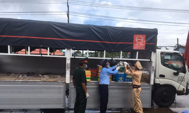Số thuốc lá nhập lậu được giấu dưới các thùng hàng nông sản của xe 'luồng xanh'