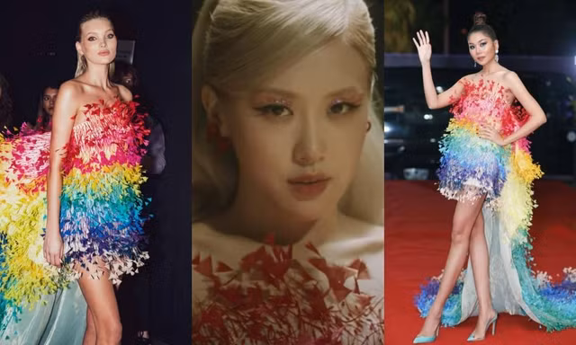 Váy 7 sắc cầu vồng của Công Trí mà Rosé diện trong “Gone” từng được mặc bởi toàn siêu mẫu