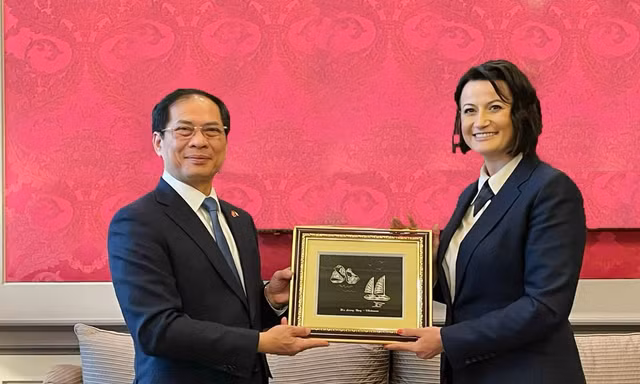Bộ trưởng Ngoại giao Bùi Thanh Sơn tặng tranh cho Chủ tịch Thượng viện Bỉ Stephanie D’Hose. (Ảnh: Mofa)