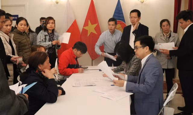 Các cán bộ Đại sứ quán Việt Nam tại Ba Lan hỗ trợ bà con làm lại giấy tờ ngày 17/5. (Ảnh: Mofa)