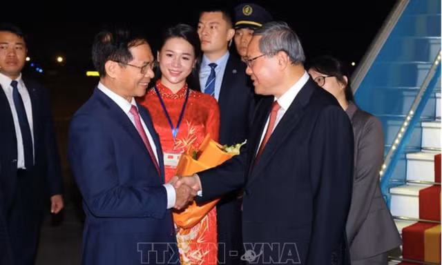 Phó Thủ tướng, Bộ trưởng Ngoại giao Bùi Thanh Sơn đón Thủ tướng Trung Quốc tại sân bay Nội Bài. (Ảnh: TTXVN)