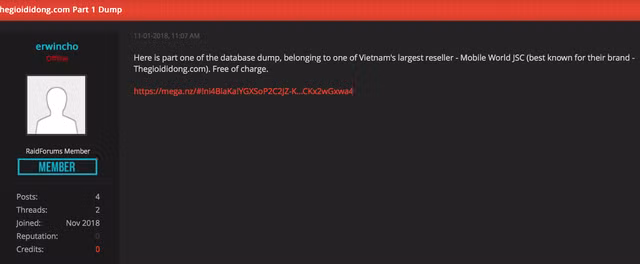 Thế giới di động cho hay, nguồn gốc của thông tin này xuất phát từ một thành viên có nicknam erwincho trên diễn đàn RaidForums đã đăng tải tài liệu nói là của hơn 5 triệu khách hàng Thế Giới Di Động