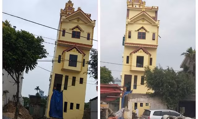 Cận cảnh nhà 5 tầng ở Hà Nam nghiêng như tháp Pisa